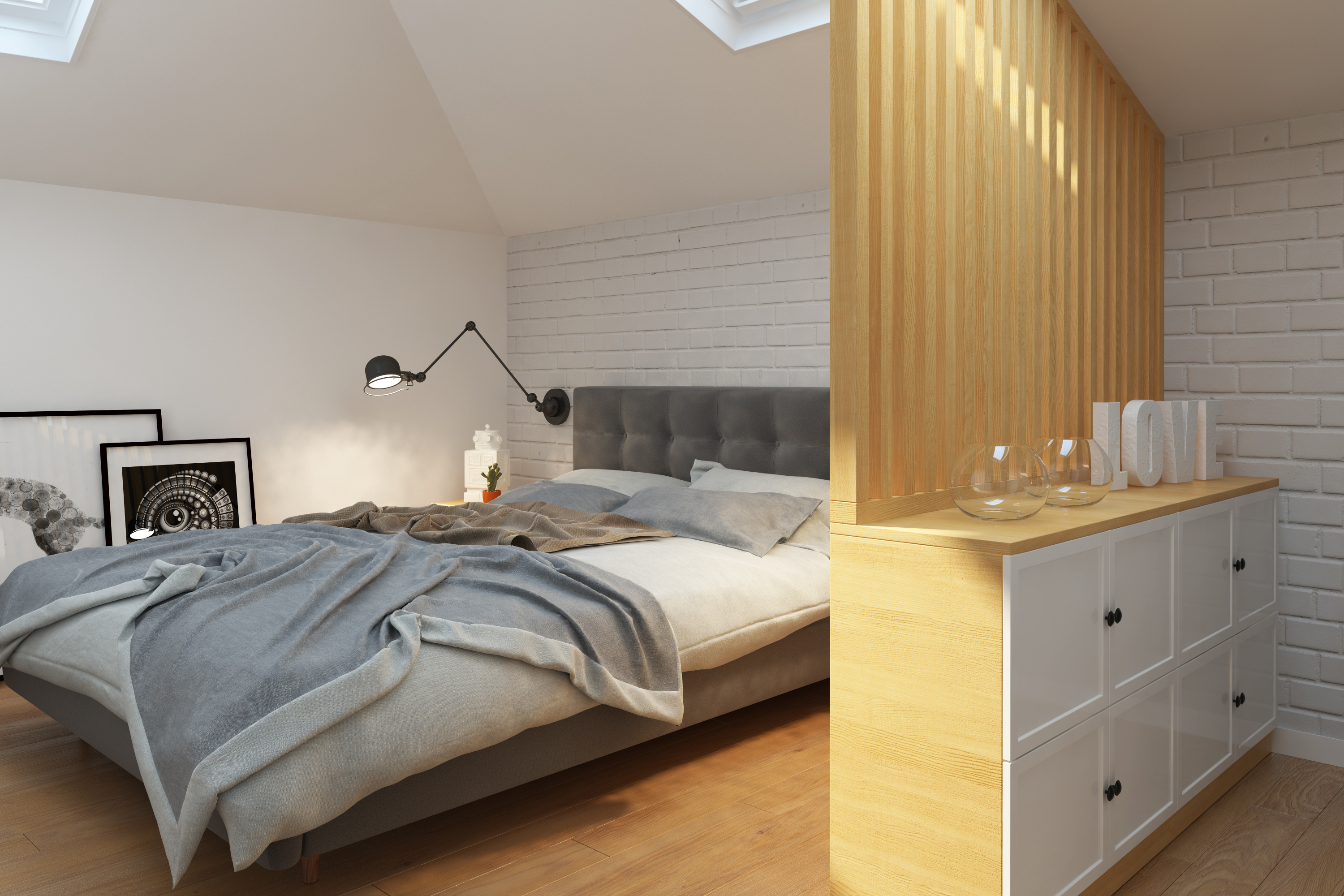 Спальня в скандинавском стиле с рейками