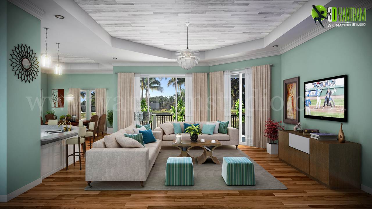 Reflecting 3D Living Room Rendering by Yantram Architectural Design ...