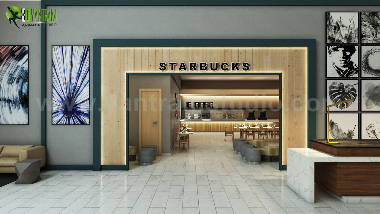 Modern Restaurant Entry Interior Rendering Design On