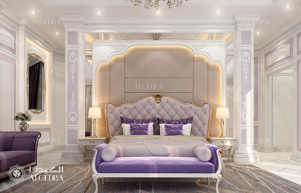 Elegant purple and gold themed luxurious bedroom decor | Deep Dream  Generator, image size:1680x1076