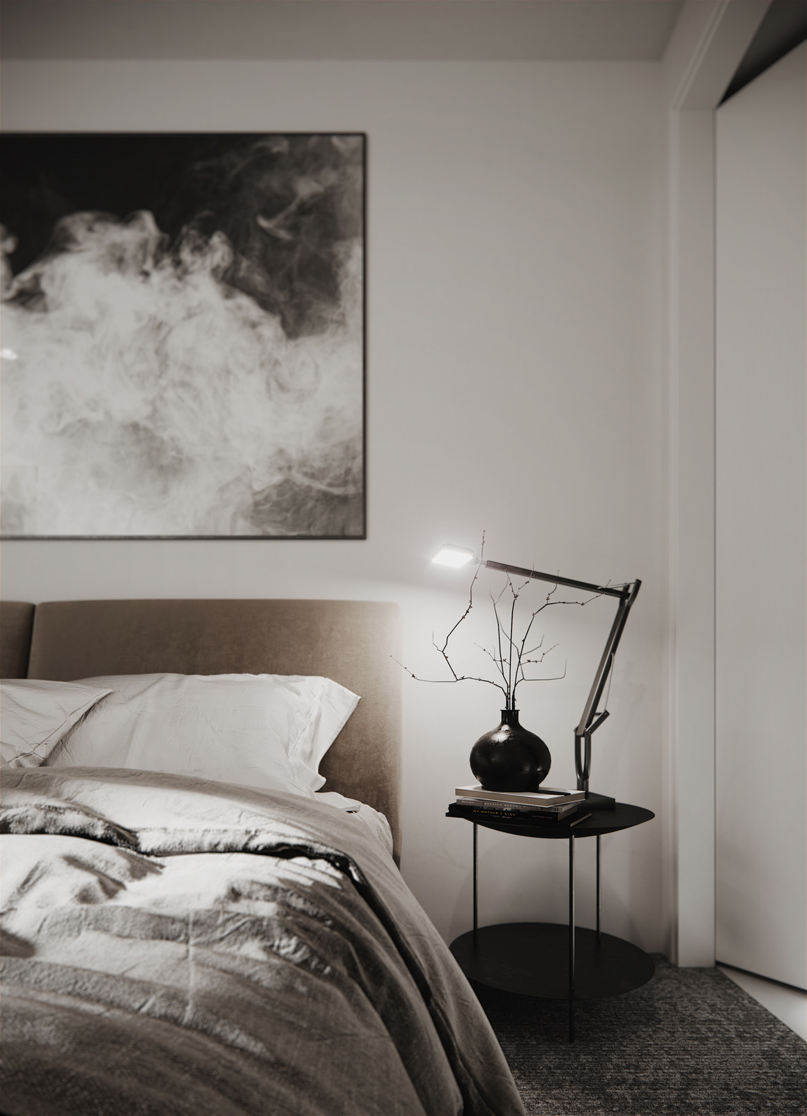 Grey bedroom 3D interior visualization by Lunas Visualization - Architizer