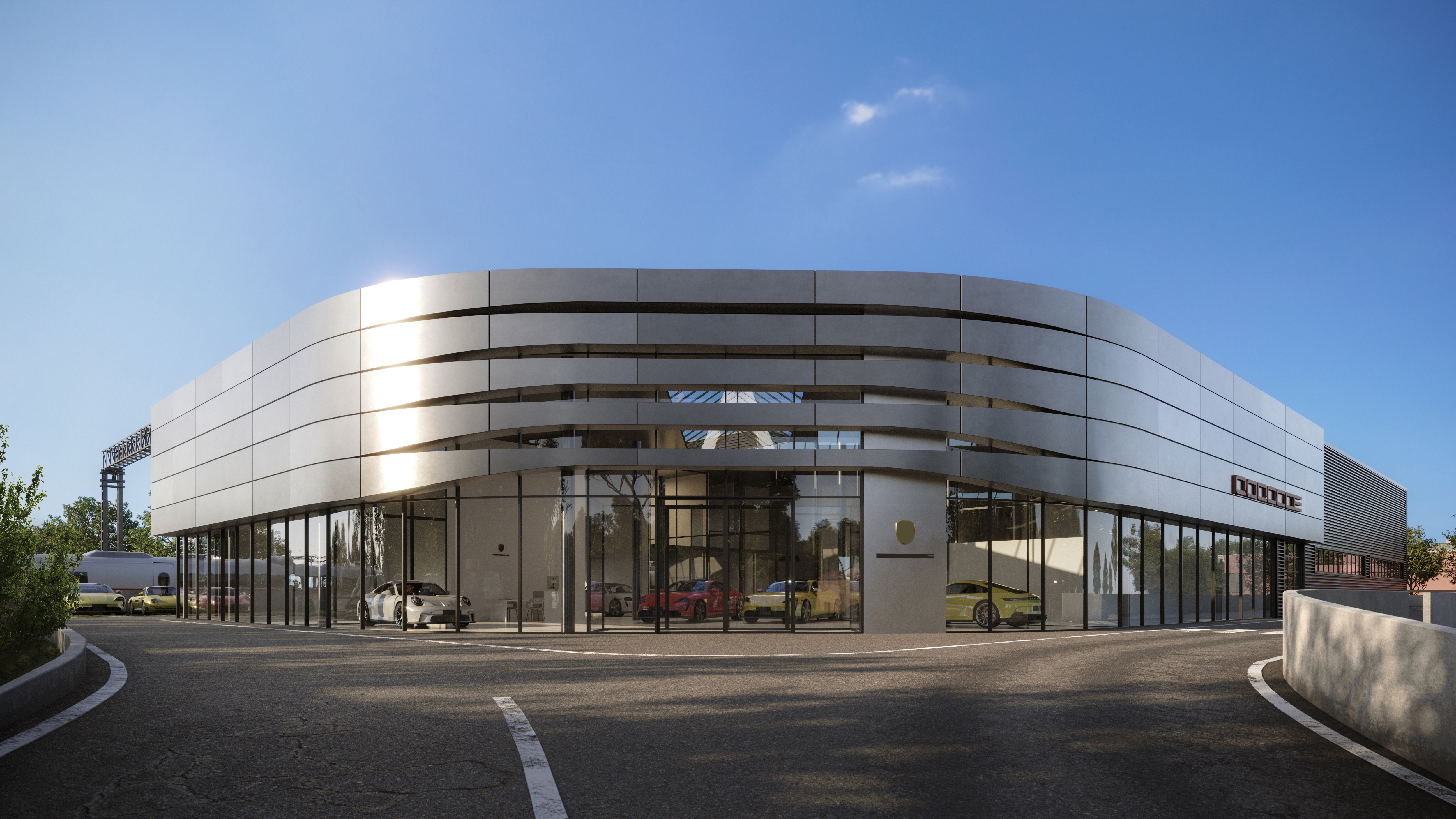 Exterior rendering of a car dealership by Lunas Visualization Architizer