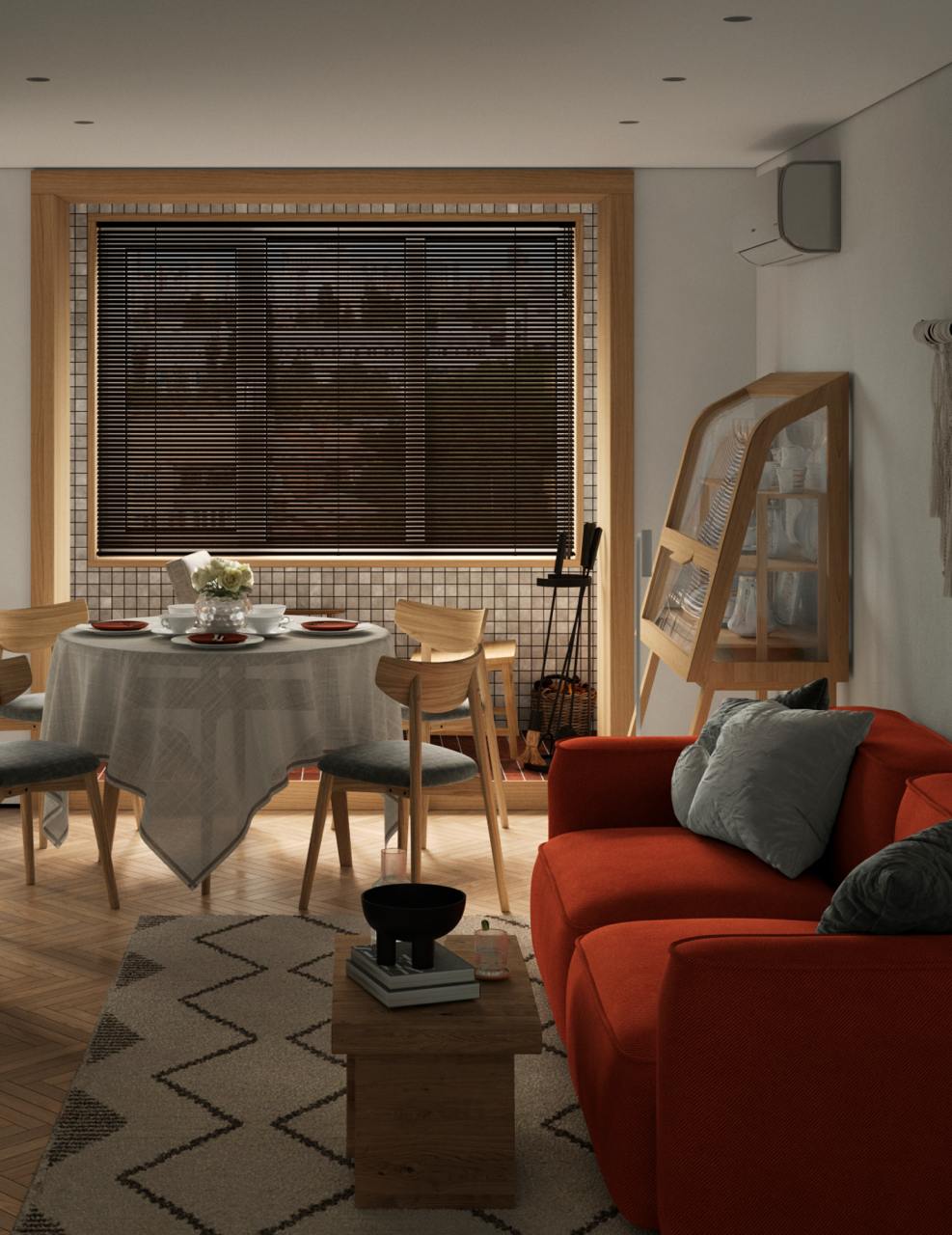 View of Apartment interior with references to traditional wooden architecture ...