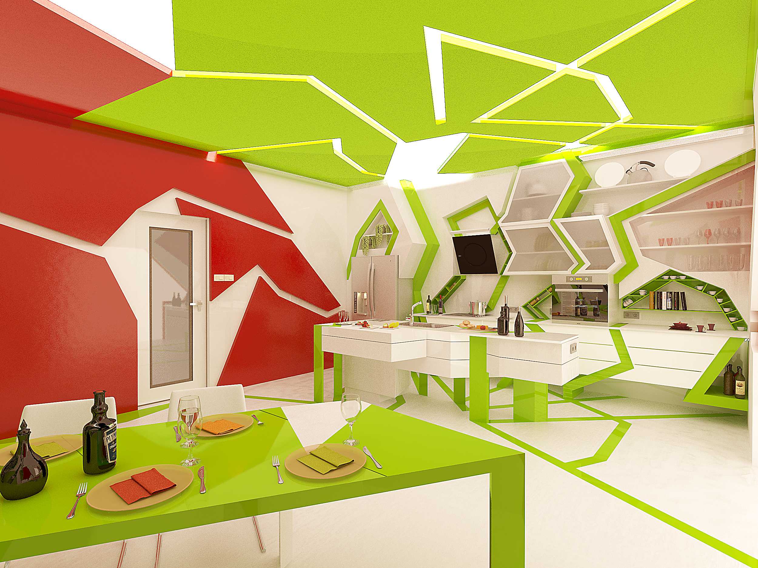 Артистическая комната. Суперграфика в интерьере. Кухня в стиле кубизм. Креативное пространство. Графический дизайн пространства.