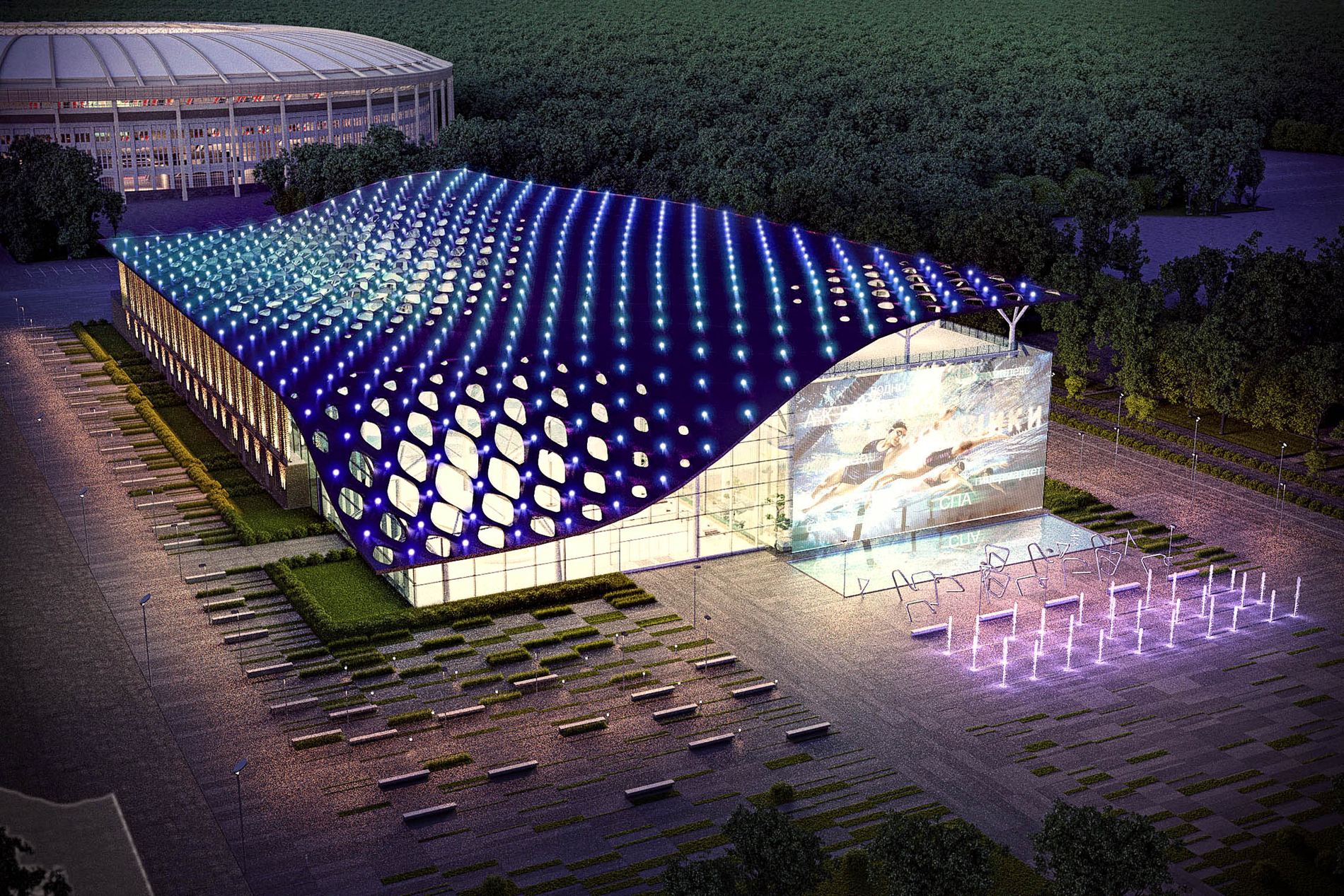 Sport building. Проект реконструкции бассейна Лужники. Бассейн Лужники фасад. Бассейн архитектура Лужники открытый. Лужники Олимпийский комплекс реконструкция проект.