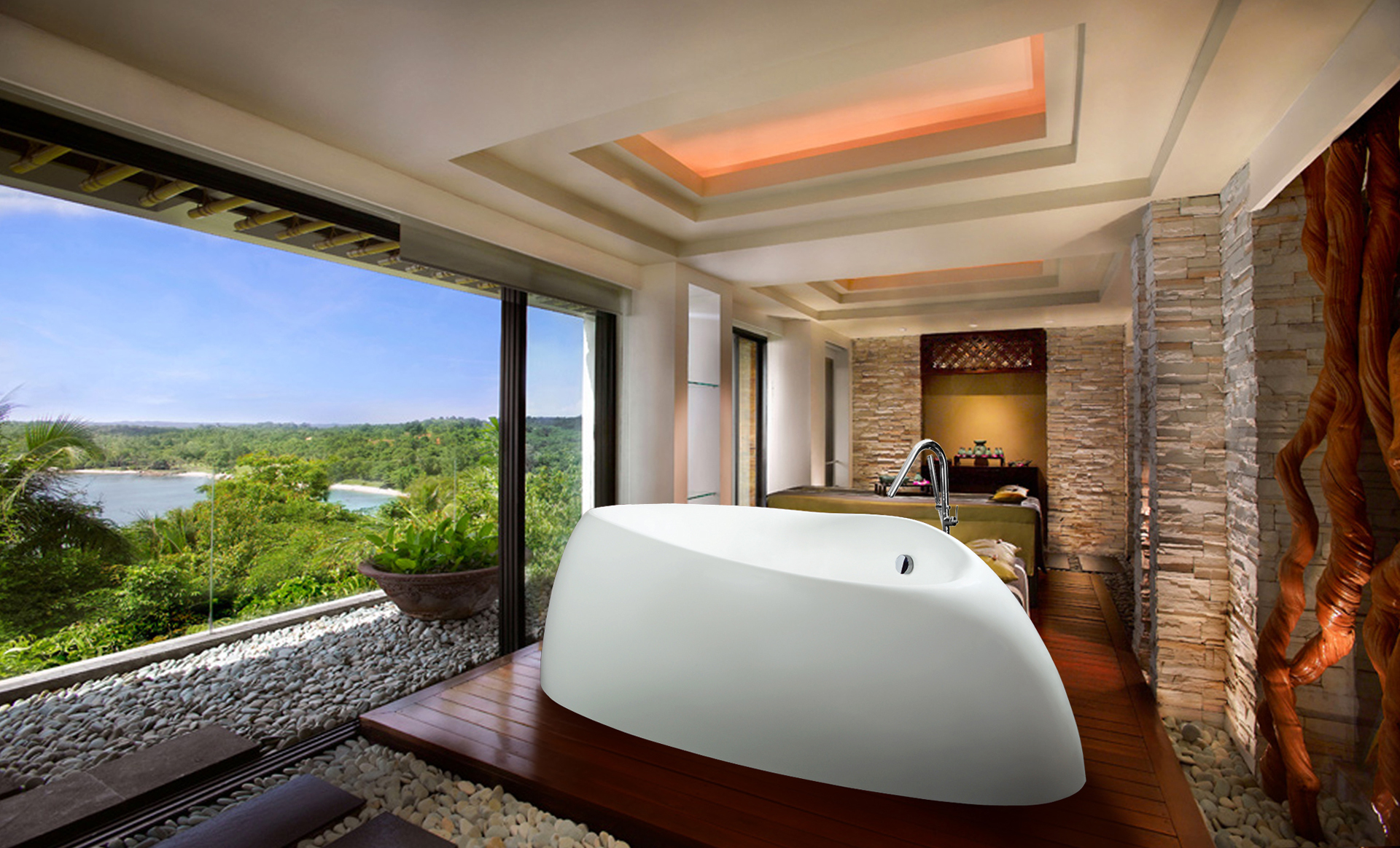 Organic White Freestanding Hybrid Acrylic-Composite Bathtub