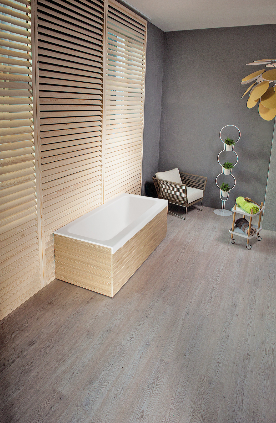 Pure 1 by Freestanding Stone Bathtub with Decorative Wooden Side Panels
