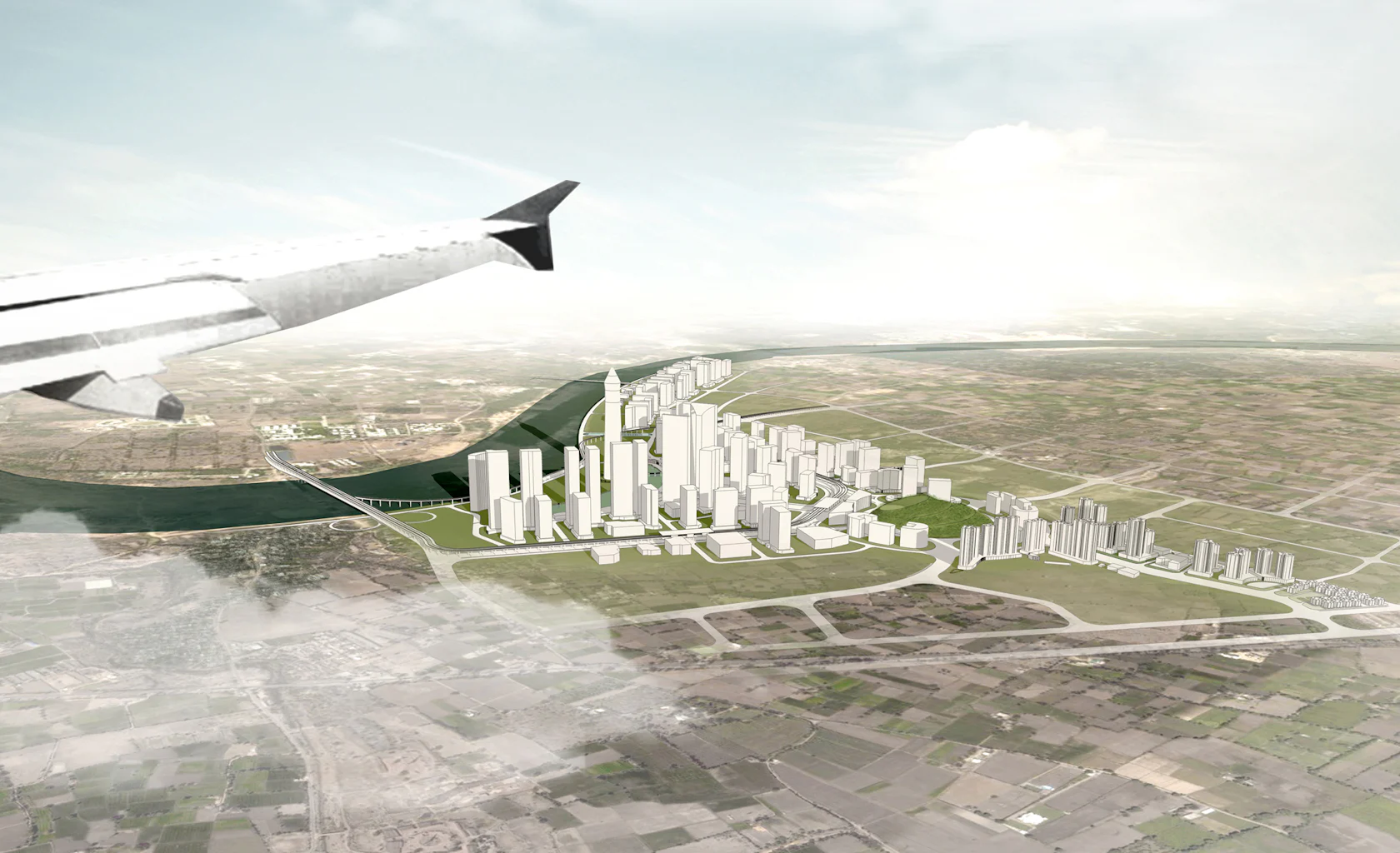 Masterplan render of GIFT City, Gandhinagar: the planned CBD massing on the Sabarmati riverfront between Gandhinagar and Ahmedabad.