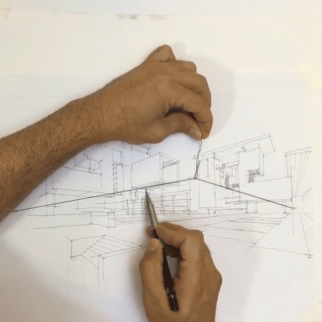 Architectural drawing with perspective building and geometry problem 