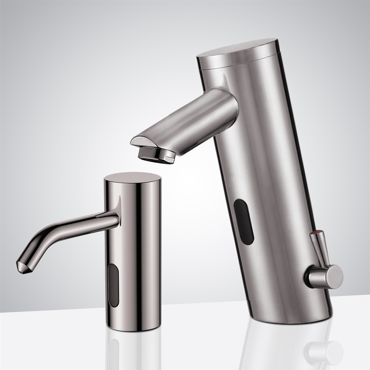Brushed Nickel Commercial Temperature Control Thermostatic Sensor Tap with Matching Soap Dispenser