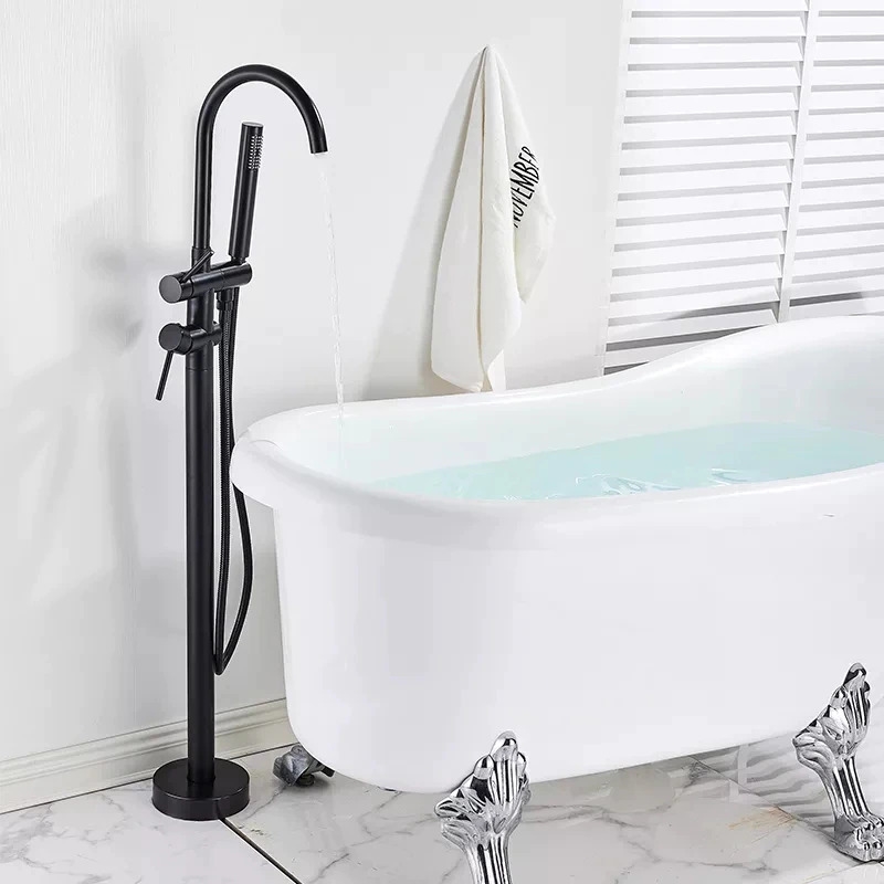 Fontana Marseille Floor Stand Matte Black Finish Bath Tub Faucet Dual Handle With Hand Shower