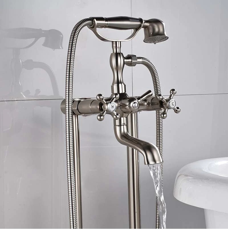 Dual Handle Freestanding Floor Mount Bathtub Faucet with Hand Shower & Tub Spout in Brushed Nickel