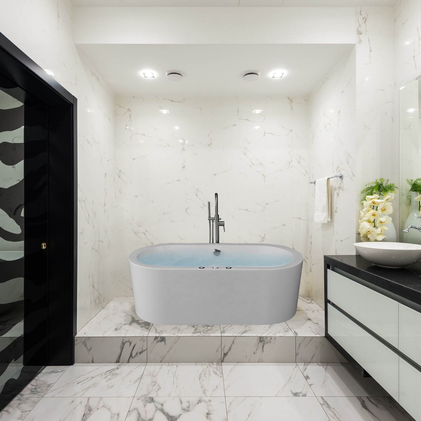 Messina White Acrylic LED Freestanding Indoor Bathtub with Body Jets