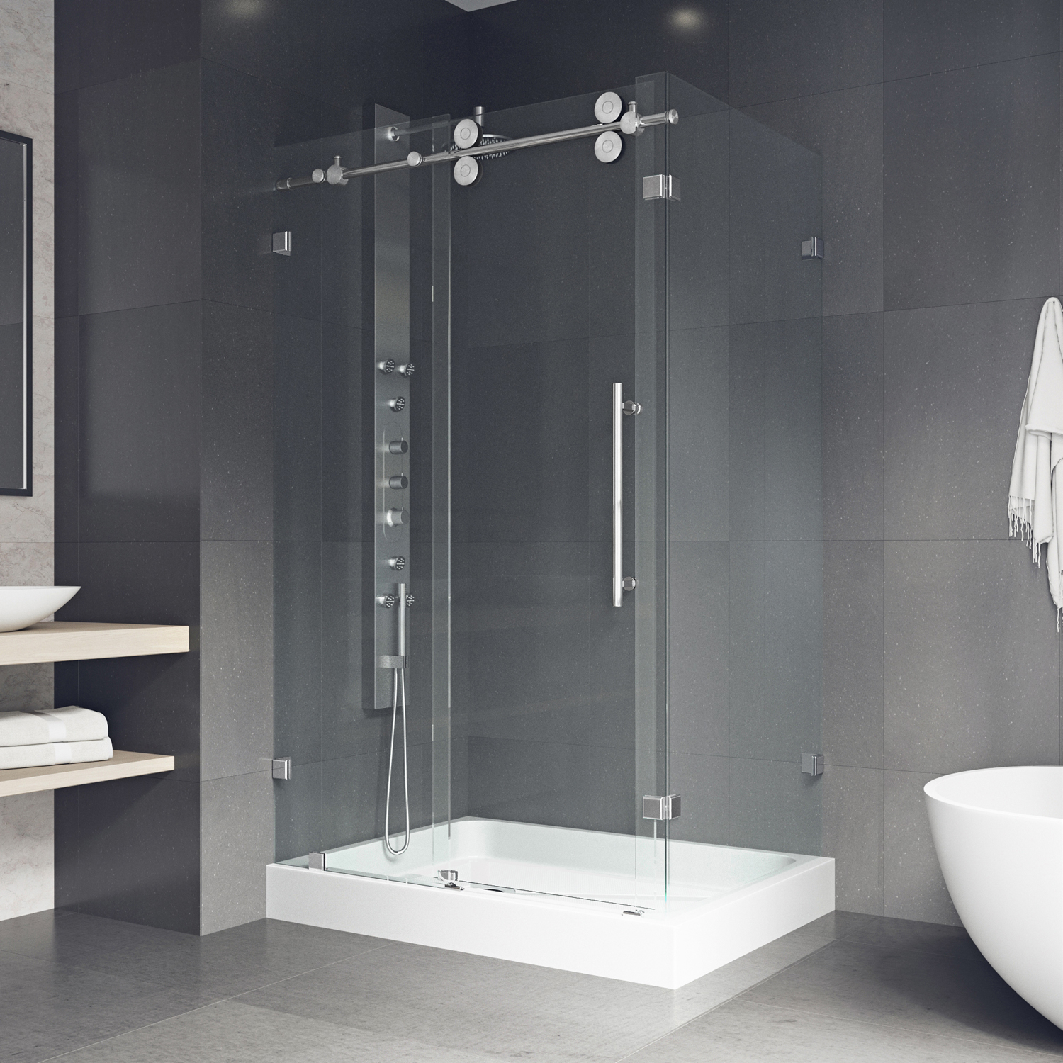 VIGO Winslow Frameless Sliding Door Shower Enclosure With Left Drain Base