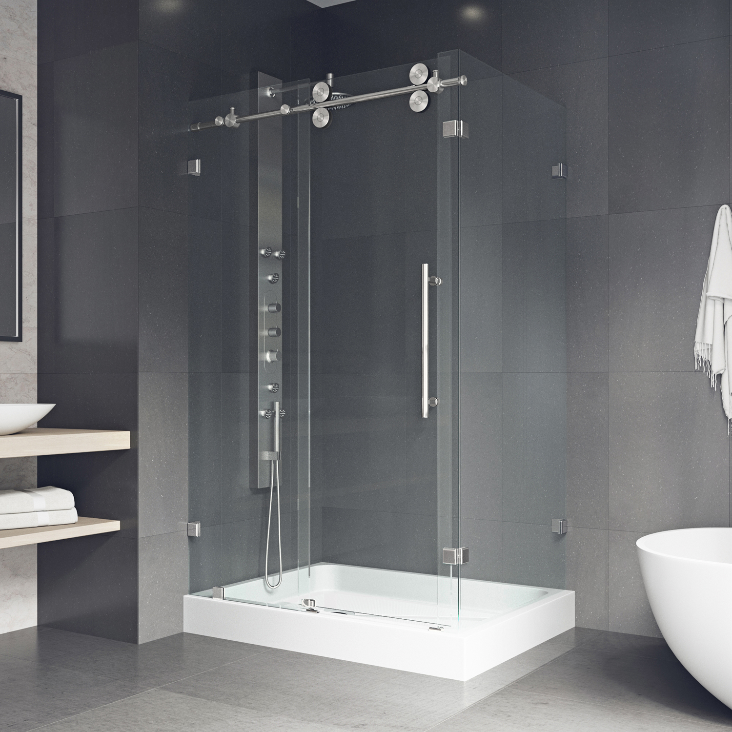 VIGO Winslow Frameless Sliding Door Shower Enclosure With Left Drain Base