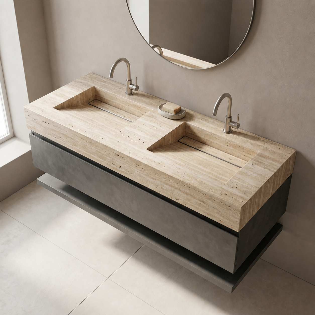 Beige Vein-Cut Travertine Double Rectangular Vanity Top Sink