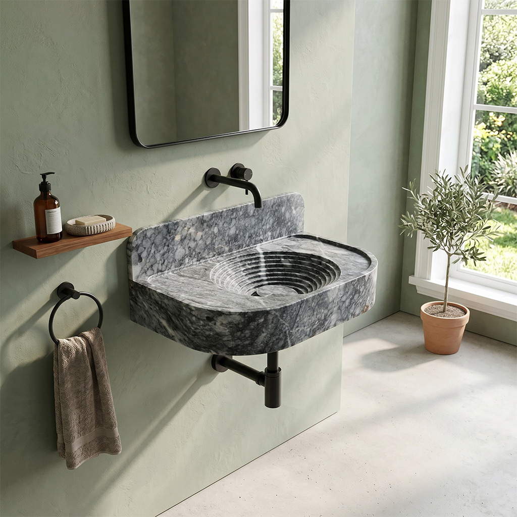 Bursa Gray Marble Wall-Mount Sink with Stepped Basin & Backsplash - 27"x16"x6" - Honed