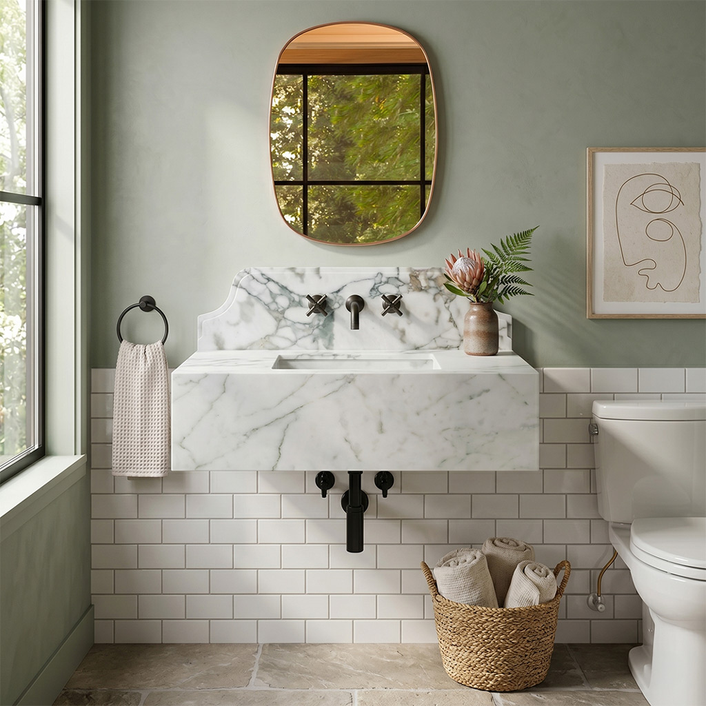 Calacatta Verde Marble Wall-Mount Block Sink with Crested Backsplash