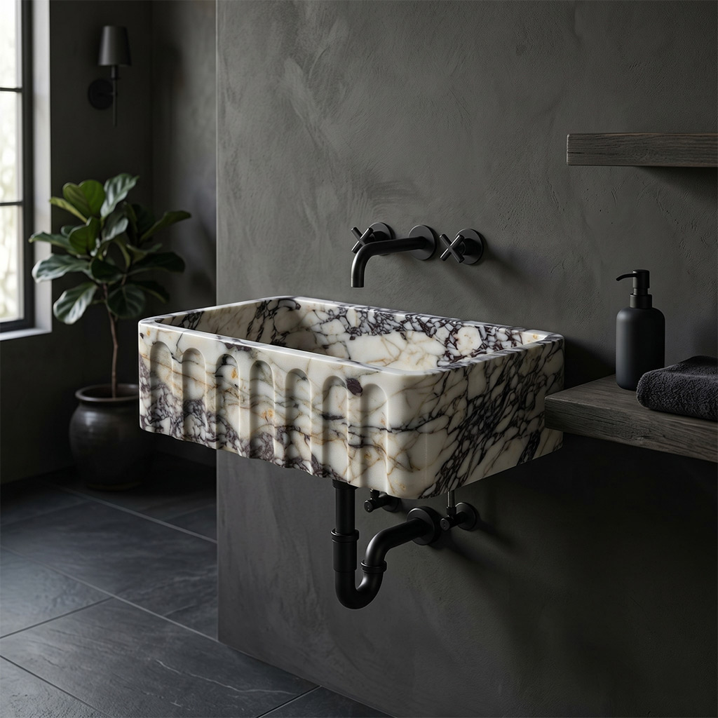 Calacatta Viola Marble Fluted Front Wall-Mount Block Sink - 31.5"x19.5"x10" - Polished