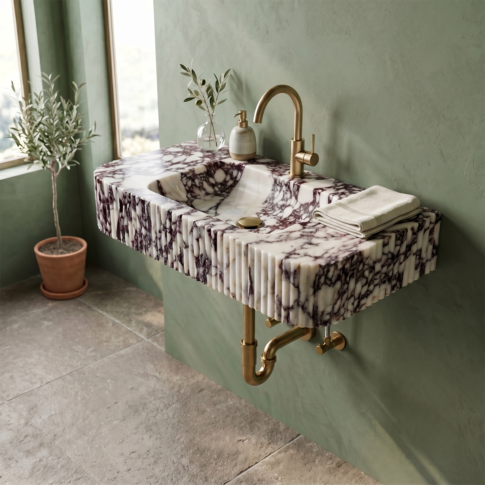 Calacatta Viola Marble Fluted Wall-Mount Sink with Rounded Corners