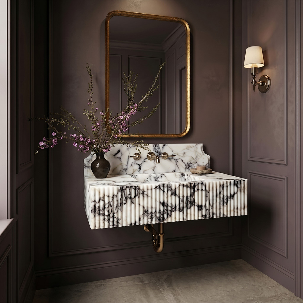 Calacatta Viola Marble Fluted Wall-Mount Sink with Curved Backsplash - 37"x21"x12" - Polished