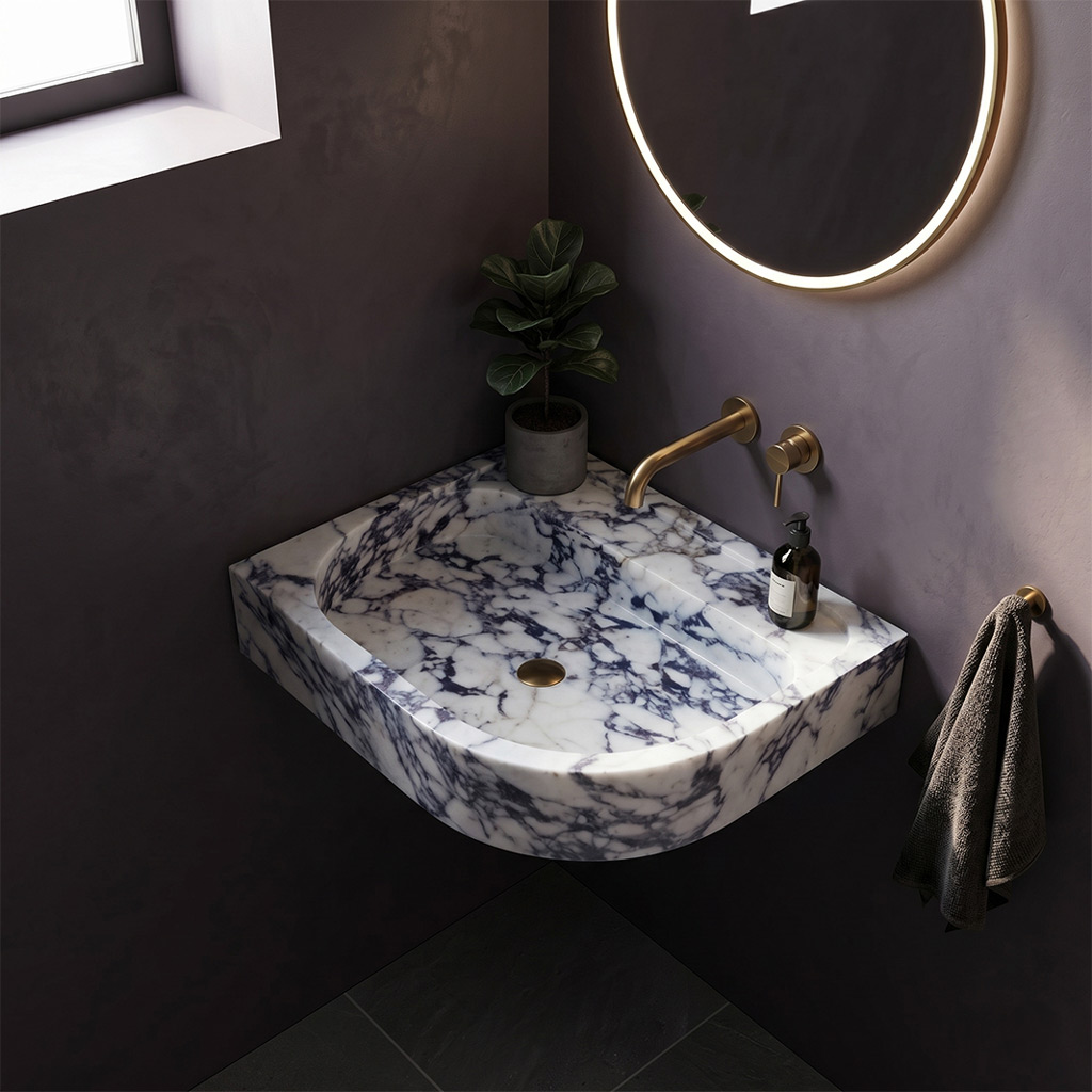 Calacatta Viola Marble Wall-Mount Right Corner Sink - 24"x16"x4" - Honed
