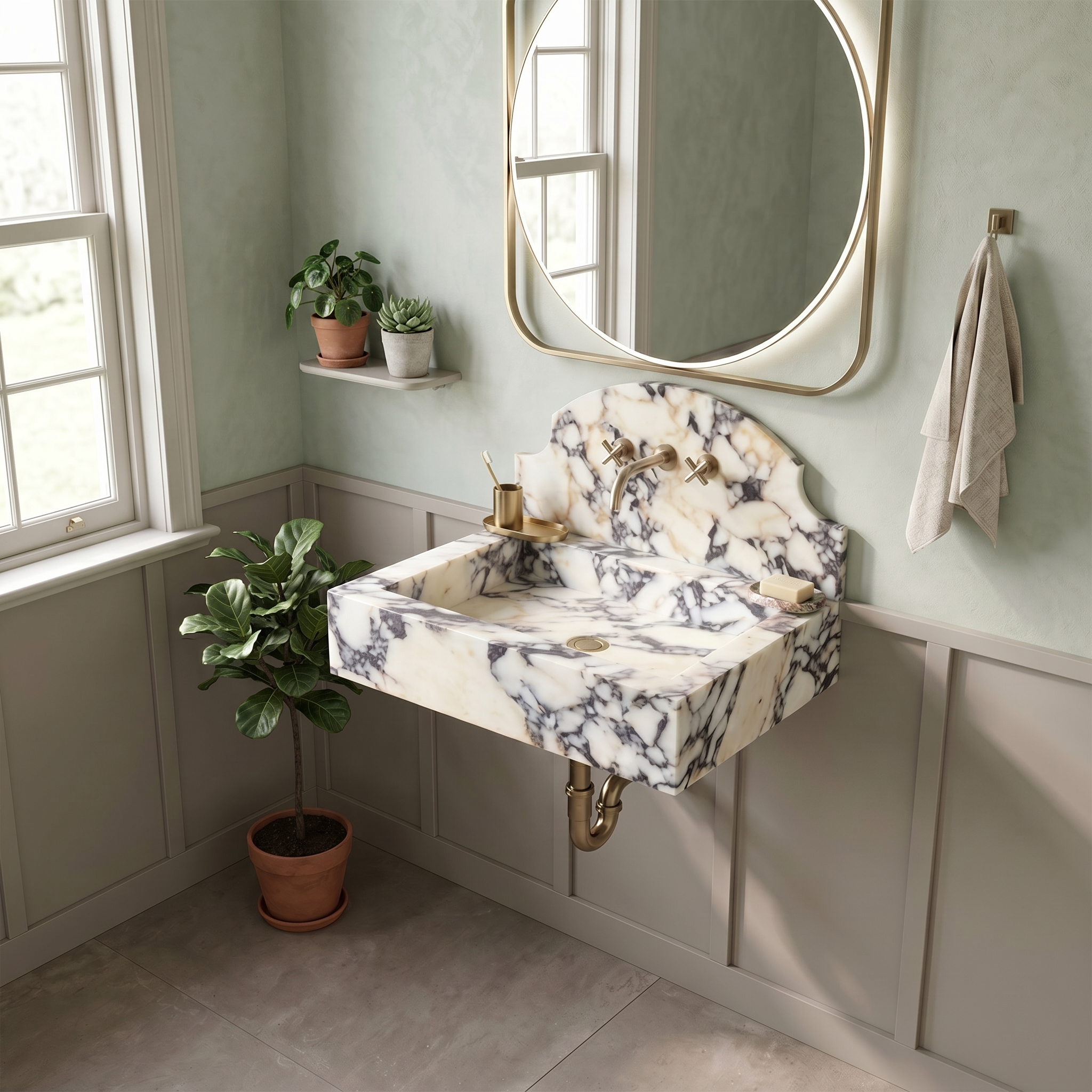 Calacatta Viola Marble Wall-Mount Sink with Crested Backsplash - 24"x18"x6" - Polished