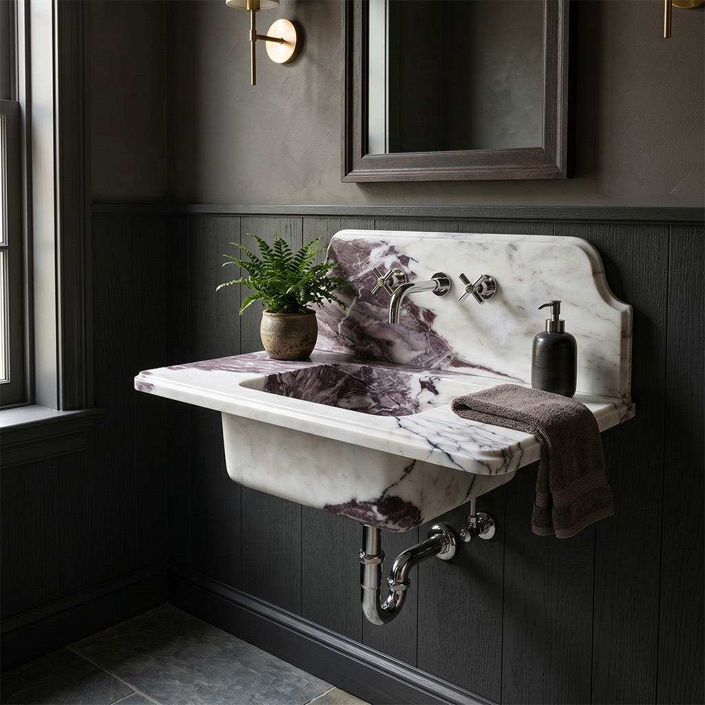 Calacatta Viola Marble Wall-Mount Sink with Curved Backsplash - 30" Polished
