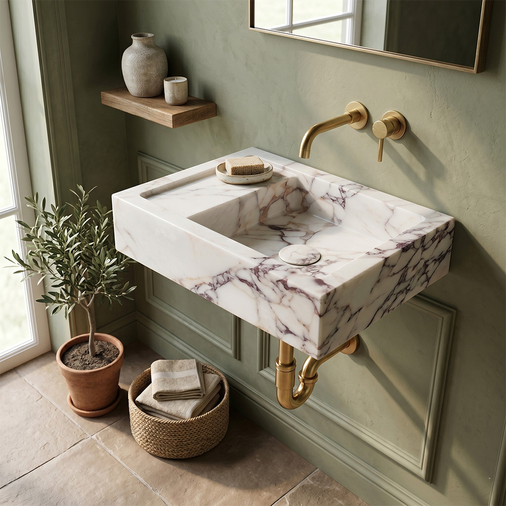 Calacatta Viola Marble Rectangular Wall-Mount Sink with Integrated Tray - 18"x14"x5" - Polished