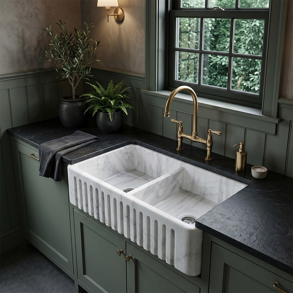 Carrara White Marble Fluted Double Farmhouse Sink - 36"