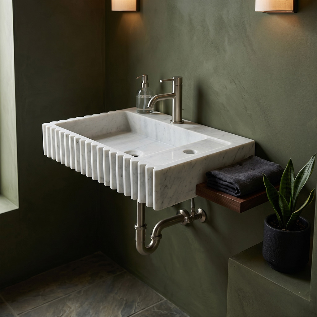 Carrara White Marble Fluted Wall-Mount Sink - 20"x12"x4" - Honed