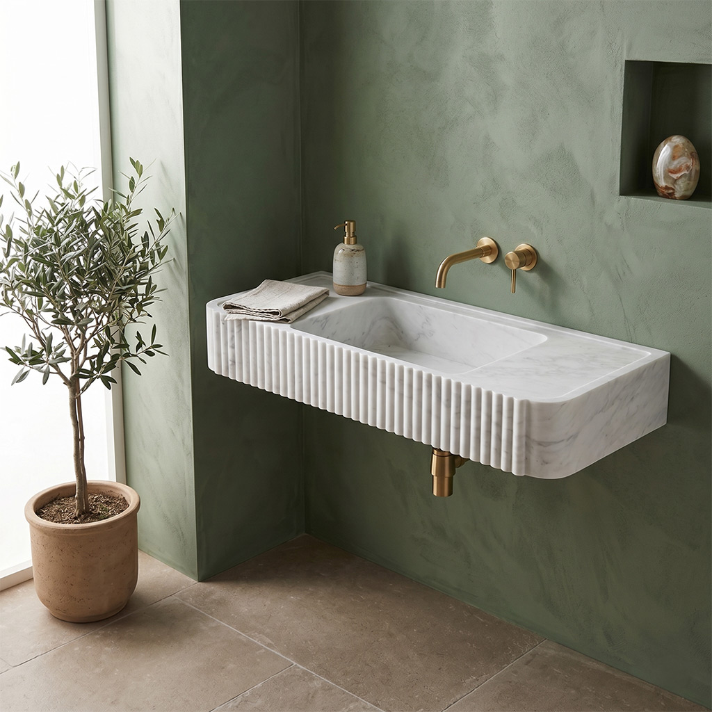 Carrara White Marble Fluted Wall-Mount Sink - 40"x16"x6" - Honed