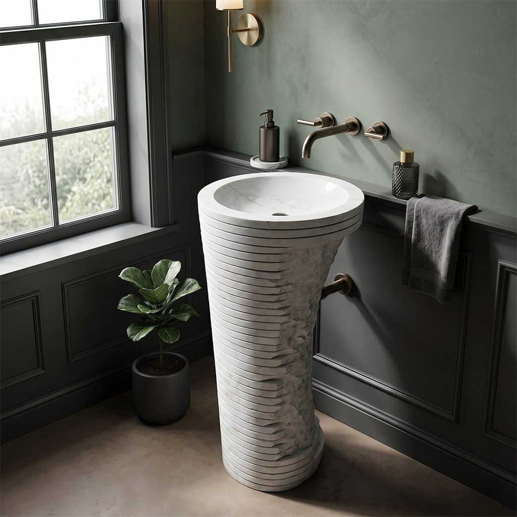 Carrara White Marble Sculptural Pedestal Sink - 16"x16"x36"