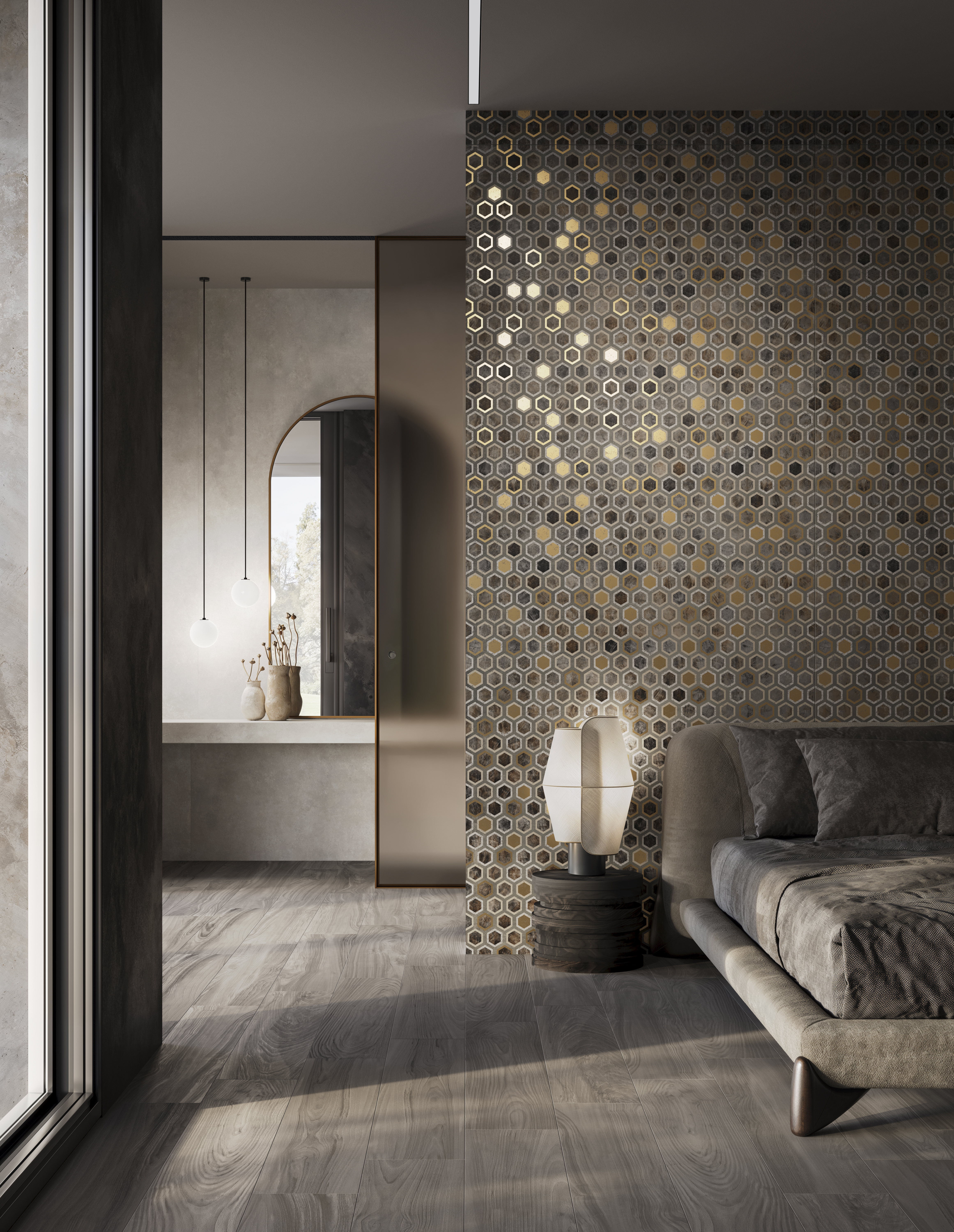 Gold porcelain wall tiles for a glam home