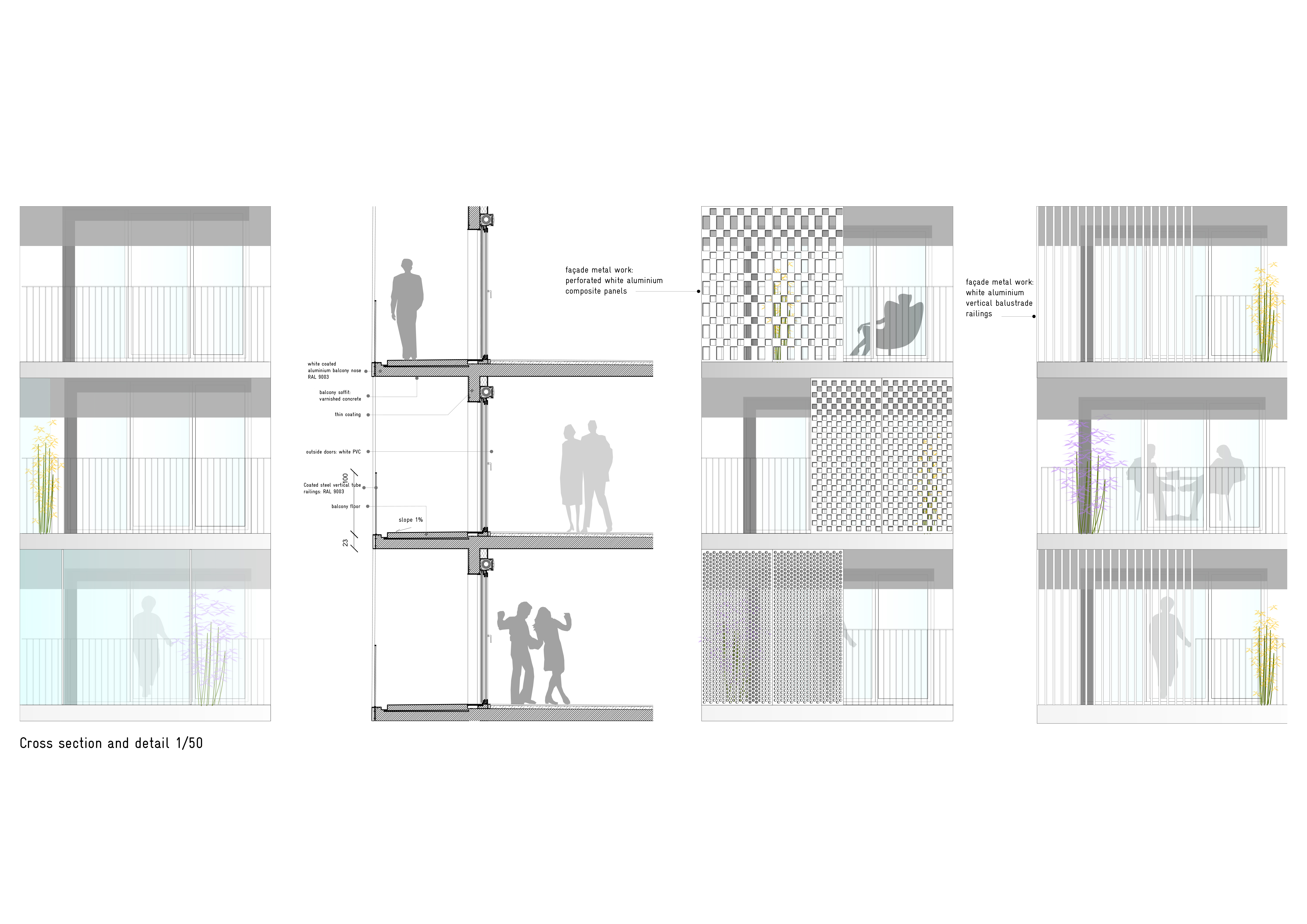 Detail. Perforated facade details Section details. Metallic facade drawing. Metal facade drawing. Rue Masson Seraing.