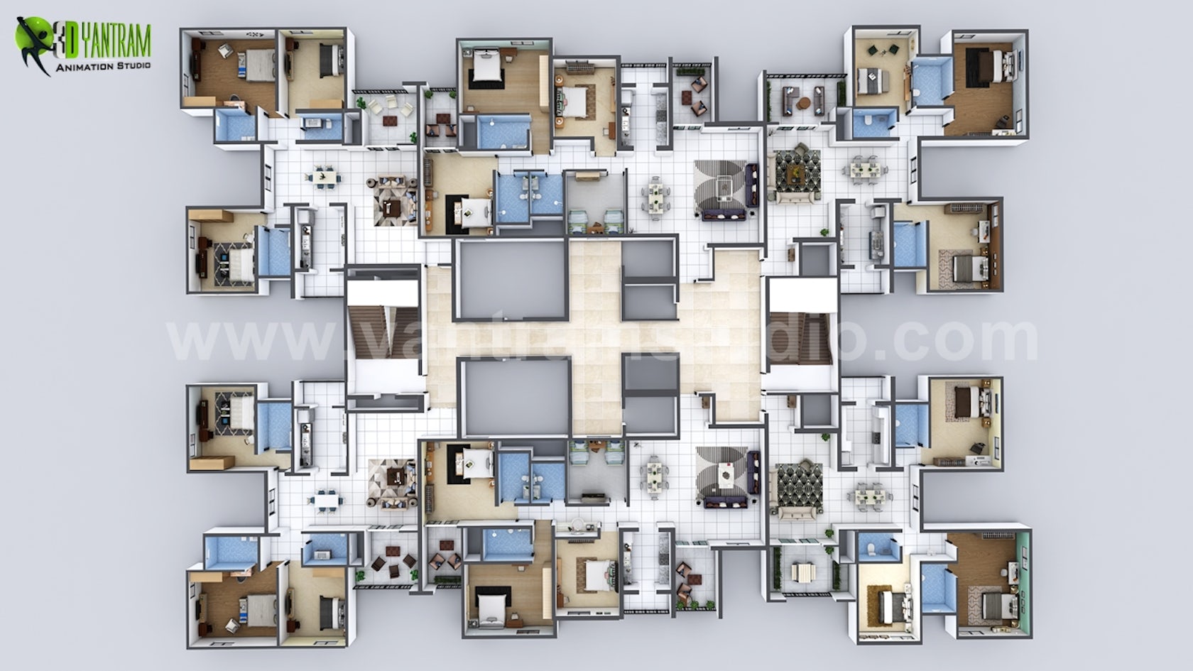 Creative 3D Floor Plan of Entire Apartment Floor Design by