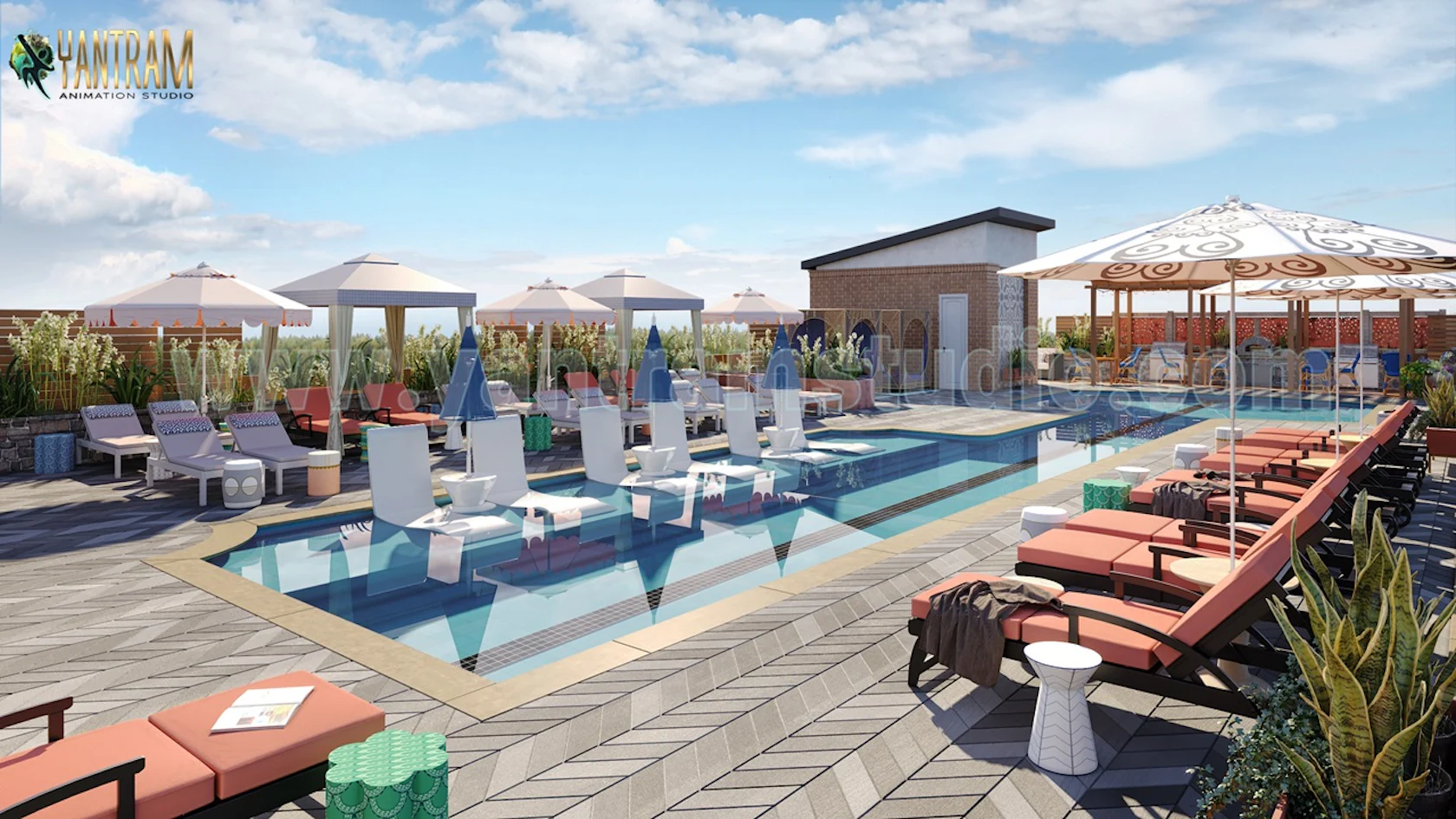 3D Exterior Rendering Services of Architectural Courtyard Pool View by ...
