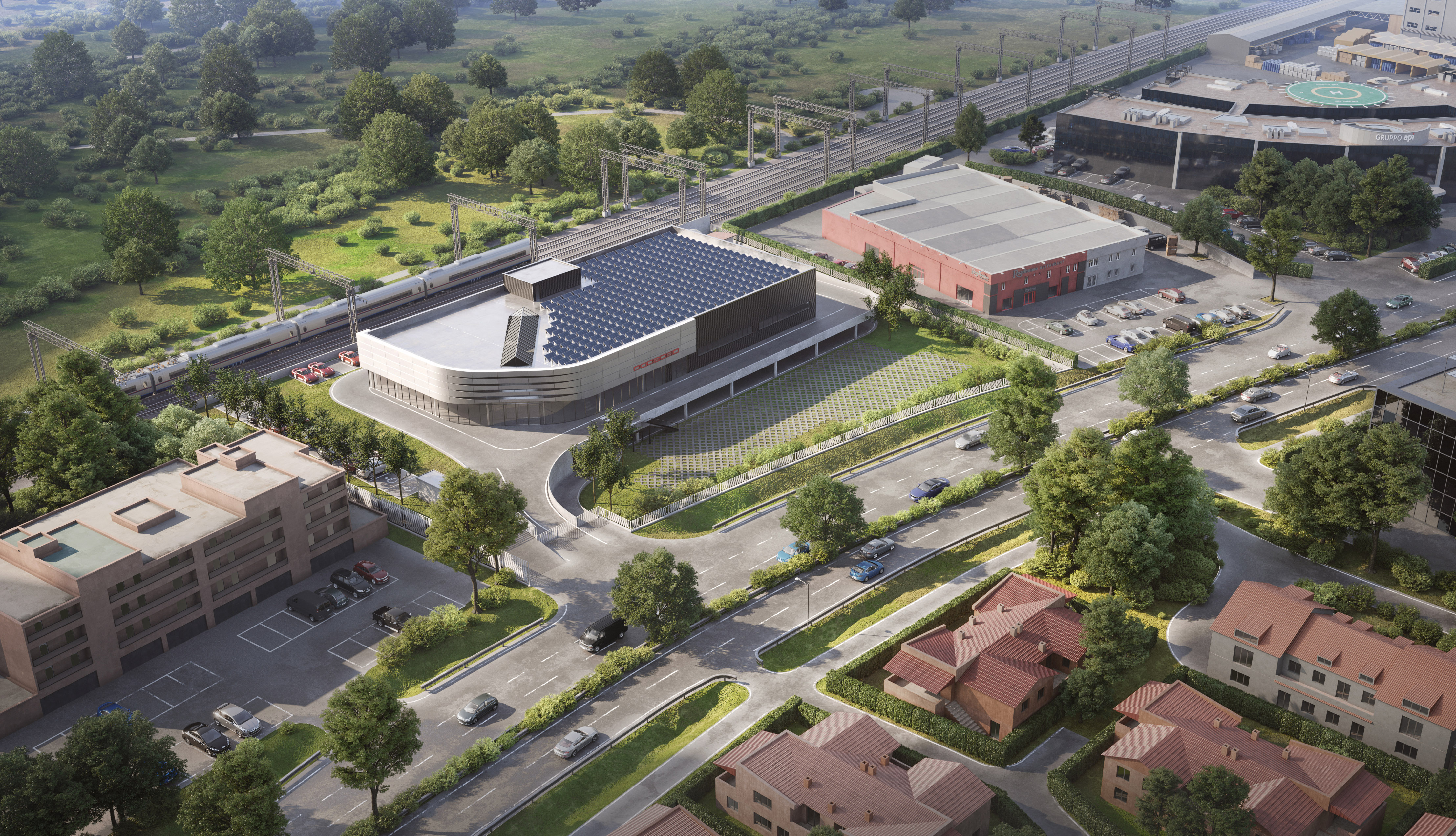 Exterior rendering of a car dealership by Lunas Visualization Architizer