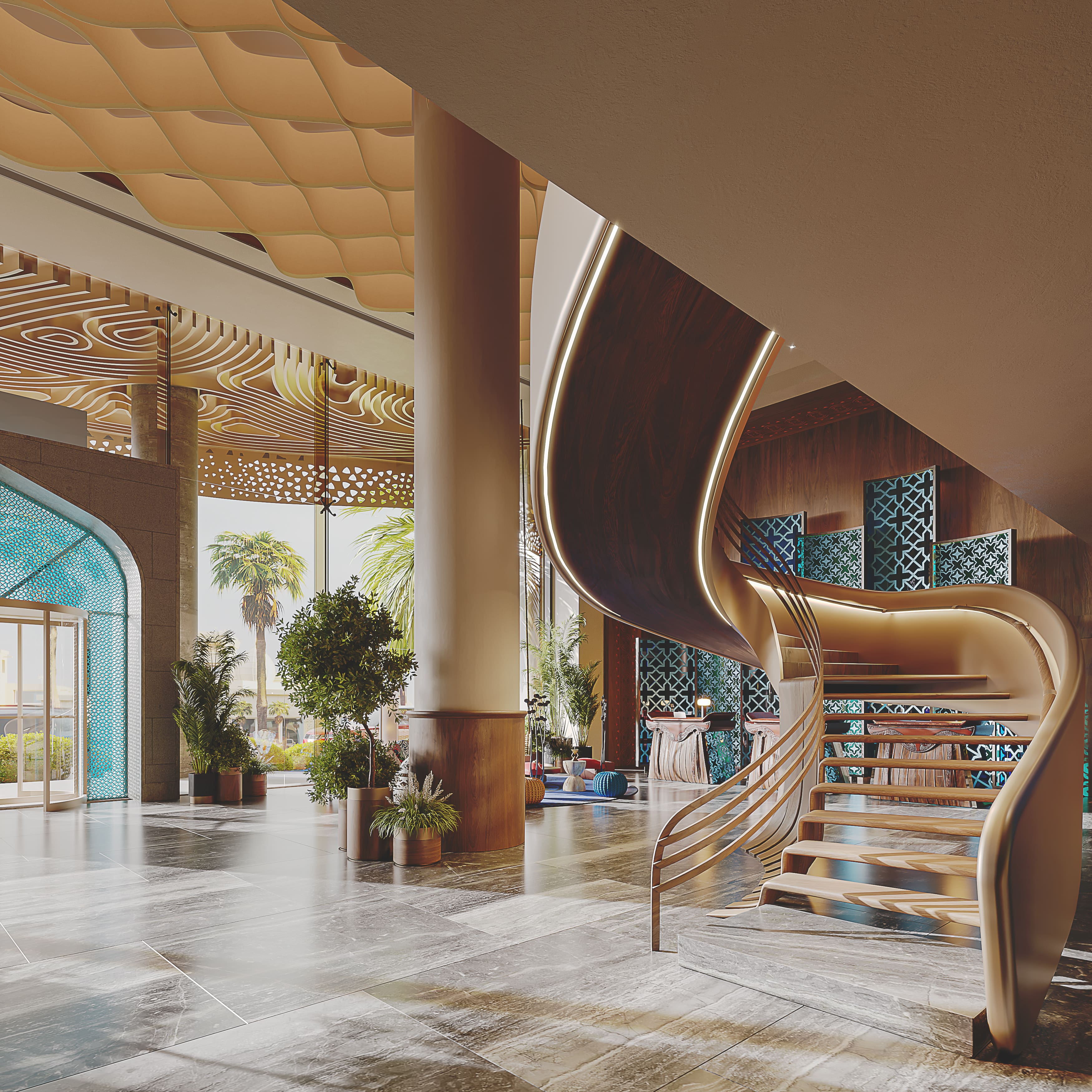 Lobby contemporanea di un hotel in Arabia Saudita