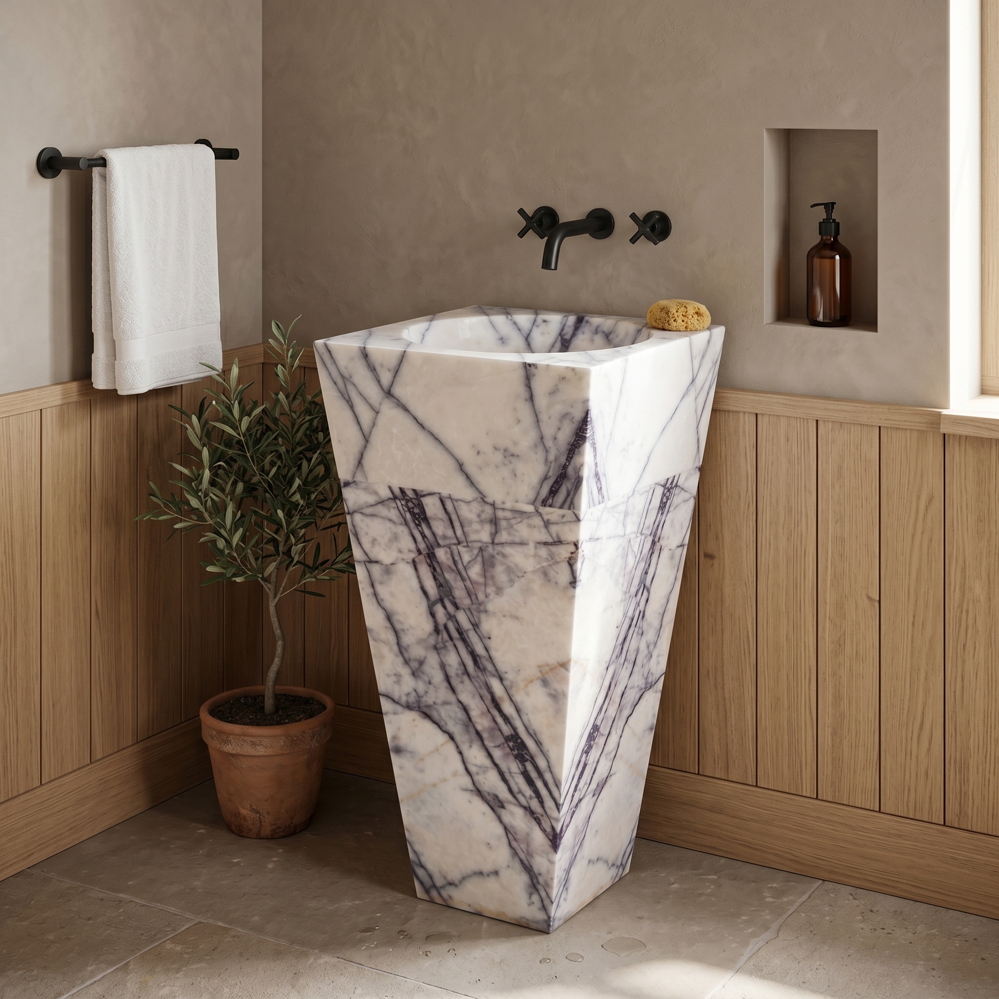 New York White Marble Square Pedestal Sink - 16"x16"x36"