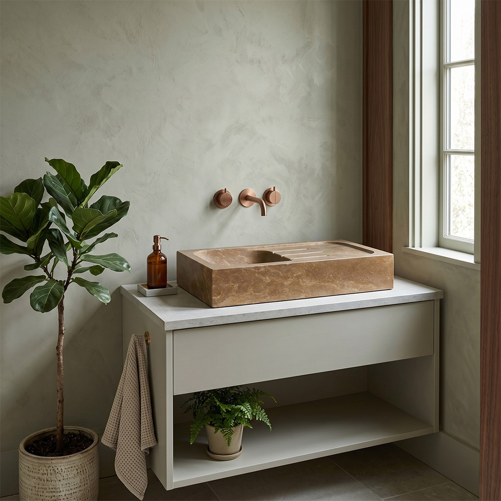 Noce Brown Travertine Rectangular Sink with Integrated Drainboard - 36"