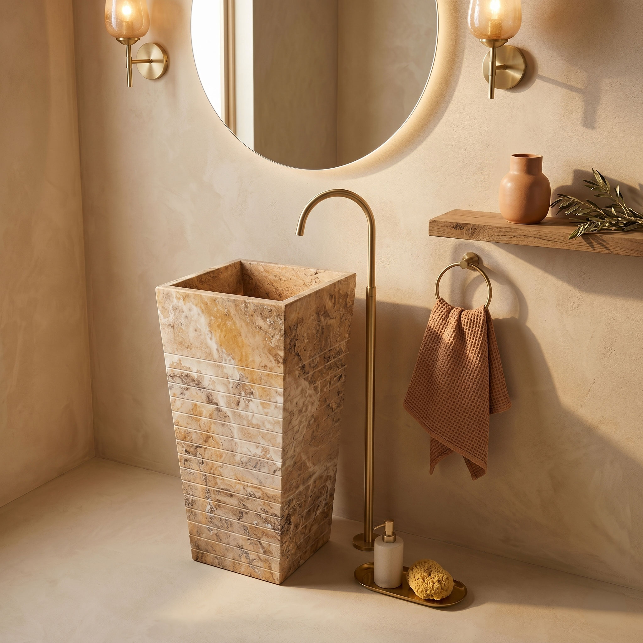 Scabos Gold Travertine Square Pedestal Sink - 16"x16"x36"