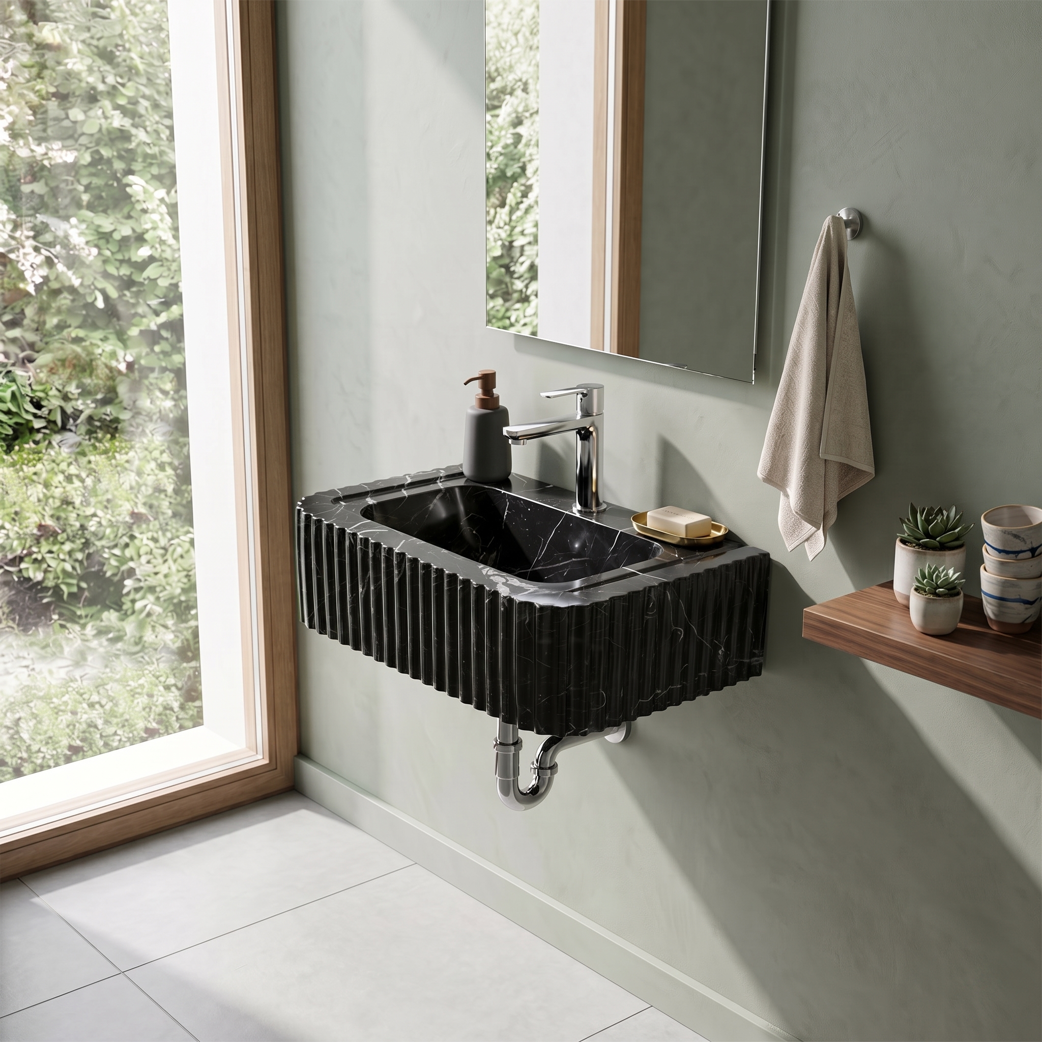 Toros Black Marble Fluted Wall-Mount Sink with Raw Edge - 19"