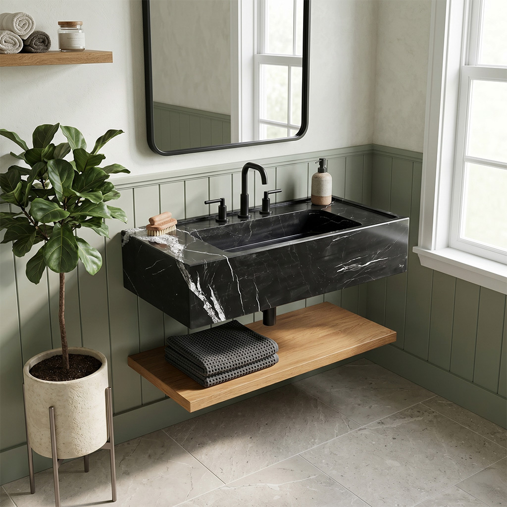 Toros Black Marble Wall-Mount Block Sink with Integrated Side Tray