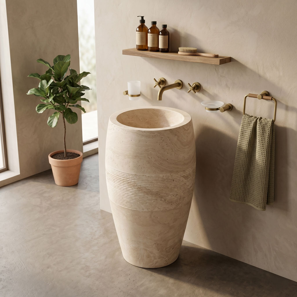 Troia Light Travertine Curved Pedestal Sink - 16"x33.5"
