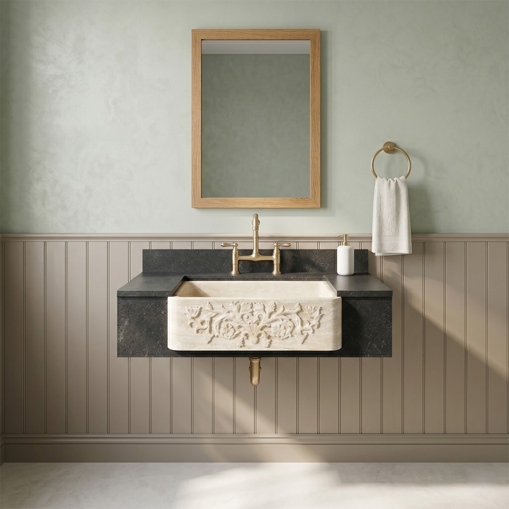 Troia Light Travertine Rectangular Farmhouse Sink with Botanical Relief - 30"