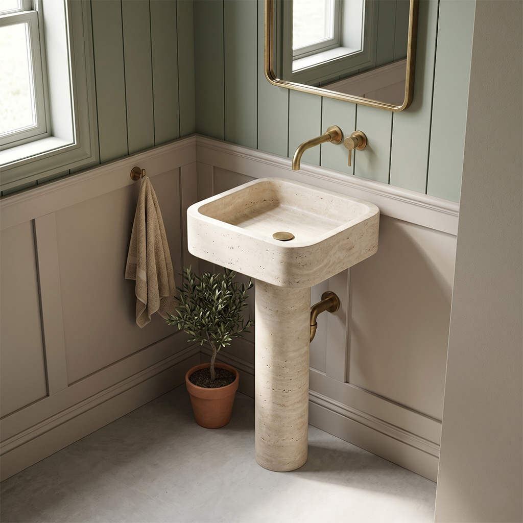Troia Light Travertine Rectangular Pedestal Sink